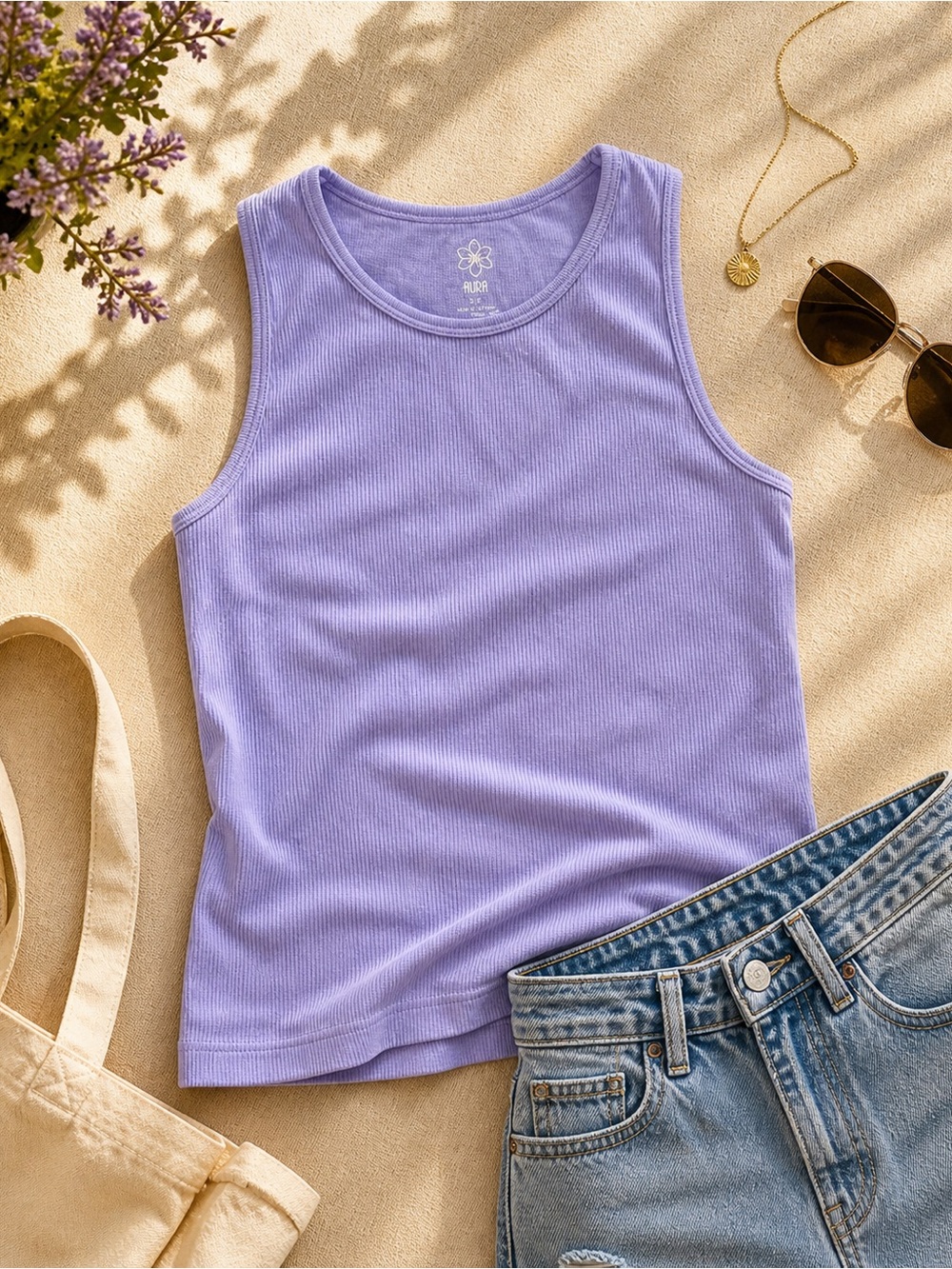 Aura womens Lavender Ribbed Sleeveless Tank Top